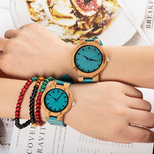 Load image into Gallery viewer, BOBO BIRD Women Wooden Couple Wathes Men Quartz Ladies Wristwatch Lover&#39;s Leather Strap Turquoise blue relogio feminino