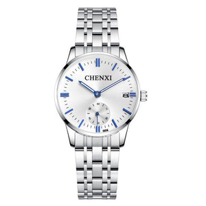 CHENXI Lover's Wristwatches Women Fashion Watches Men or Lady Quartz Watch Silver Stainless steel Waterproof Clock Date Watches