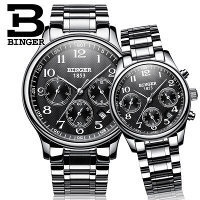 Switzerland watches Lover's Luxury brand BINGER Men's Mechanical and Women's Quartz Wristwatches Sapphire Waterproof B-603MW
