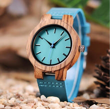 Load image into Gallery viewer, BOBO BIRD Women Wooden Couple Wathes Men Quartz Ladies Wristwatch Lover&#39;s Leather Strap Turquoise blue relogio feminino