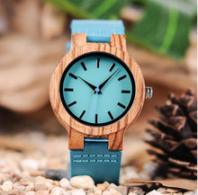 Load image into Gallery viewer, BOBO BIRD Women Wooden Couple Wathes Men Quartz Ladies Wristwatch Lover&#39;s Leather Strap Turquoise blue relogio feminino